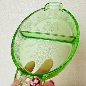 Vintage depression glass dish, green, floral etching, EUC